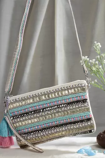 Anekaant boho natural & pastel multi striped bead work handloom cotton sling bag