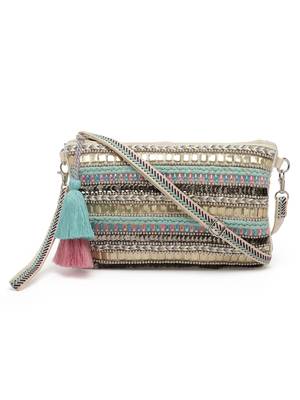 Anekaant boho natural & pastel multi striped bead work handloom cotton sling bag 3