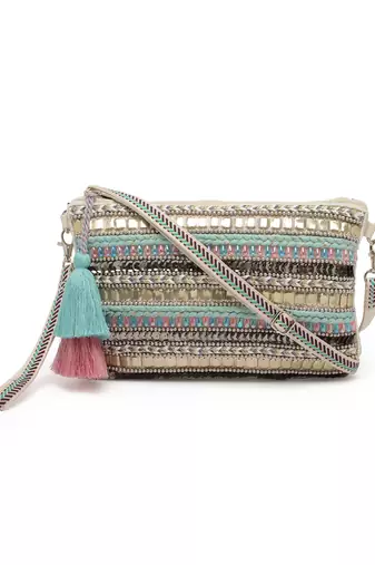 Anekaant boho natural & pastel multi striped bead work handloom cotton sling bag