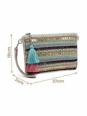 Anekaant boho natural & pastel multi striped bead work handloom cotton sling bag 4
