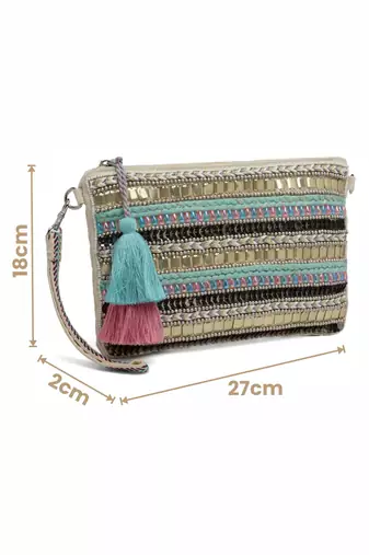 Anekaant boho natural & pastel multi striped bead work handloom cotton sling bag