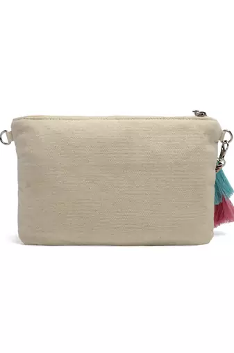 Anekaant boho natural & pastel multi striped bead work handloom cotton sling bag