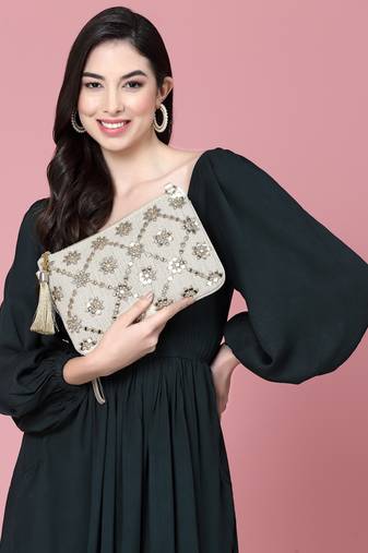 ghoomar beige & gold geometric  embroidered lurex handloom sling bag