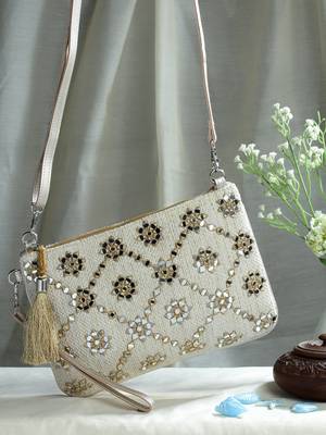 ghoomar beige & gold geometric  embroidered lurex handloom sling bag 2