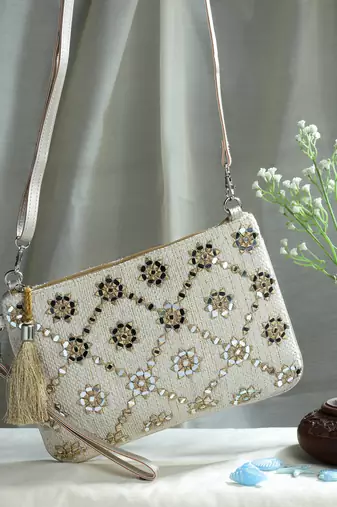 ghoomar beige & gold geometric  embroidered lurex handloom sling bag