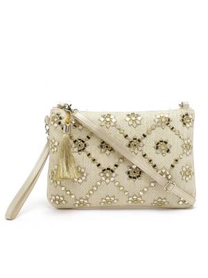 ghoomar beige & gold geometric  embroidered lurex handloom sling bag 3