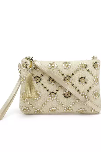 ghoomar beige & gold geometric  embroidered lurex handloom sling bag