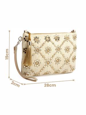 ghoomar beige & gold geometric  embroidered lurex handloom sling bag 4