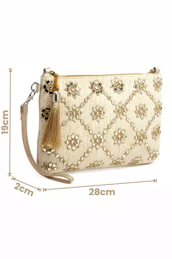 ghoomar beige & gold geometric  embroidered lurex handloom sling bag