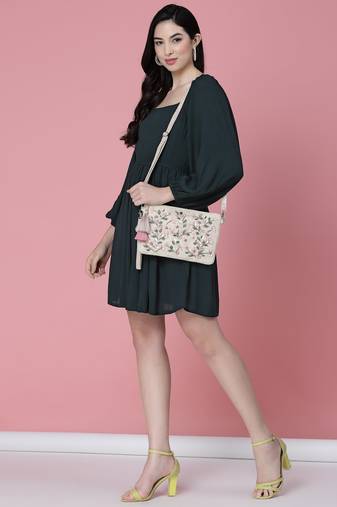 boho natural, pastel pink & multi floral bead work cotton sling bag