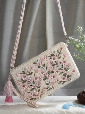 boho natural, pastel pink & multi floral bead work cotton sling bag 2