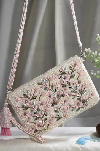 boho natural, pastel pink & multi floral bead work cotton sling bag