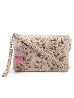 boho natural, pastel pink & multi floral bead work cotton sling bag 3