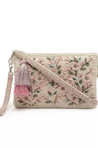 boho natural, pastel pink & multi floral bead work cotton sling bag