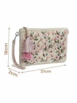 boho natural, pastel pink & multi floral bead work cotton sling bag 4