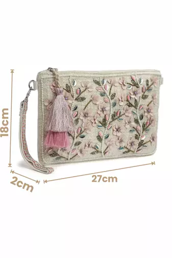 boho natural, pastel pink & multi floral bead work cotton sling bag