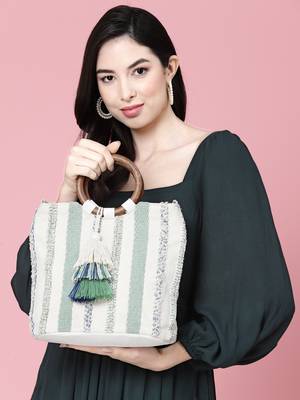 boho natural & multi striped jacquard cotton acrylic handheld bag 1
