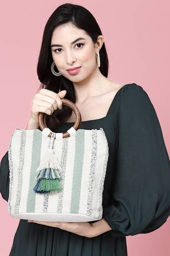 boho natural & multi striped jacquard cotton acrylic handheld bag