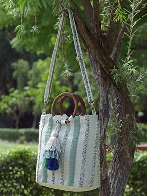 boho natural & multi striped jacquard cotton acrylic handheld bag 2
