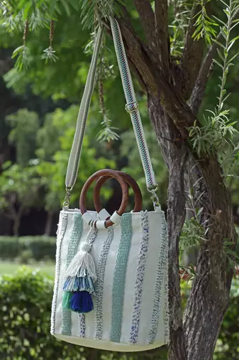 boho natural & multi striped jacquard cotton acrylic handheld bag
