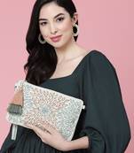 Anekaant boho cream, pristine green & multi floral bead work suede sling bag