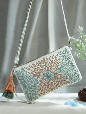Anekaant boho cream, pristine green & multi floral bead work suede sling bag 2