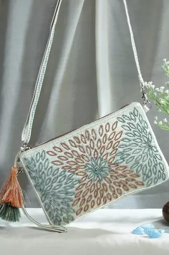 Anekaant boho cream, pristine green & multi floral bead work suede sling bag