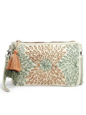 Anekaant boho cream, pristine green & multi floral bead work suede sling bag 3