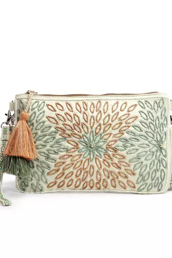 Anekaant boho cream, pristine green & multi floral bead work suede sling bag