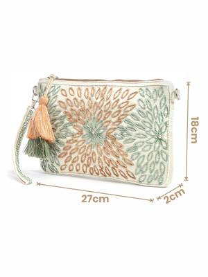 Anekaant boho cream, pristine green & multi floral bead work suede sling bag 4