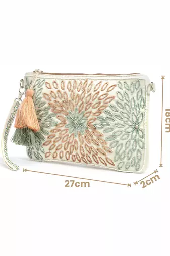 Anekaant boho cream, pristine green & multi floral bead work suede sling bag
