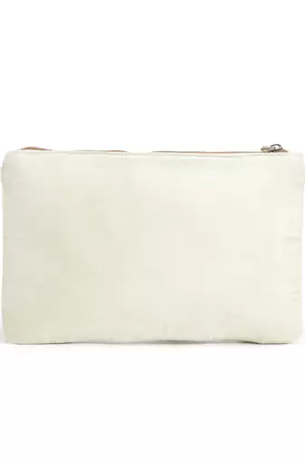 Anekaant boho cream, pristine green & multi floral bead work suede sling bag