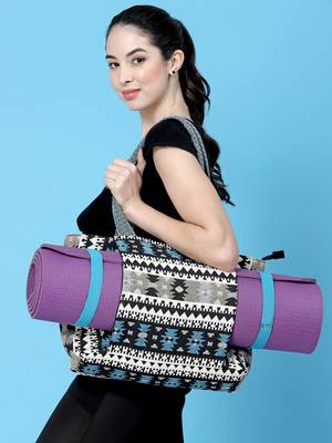 boho black & multi ethnic motifs jacquard cotton acrylic yoga tote bag 1
