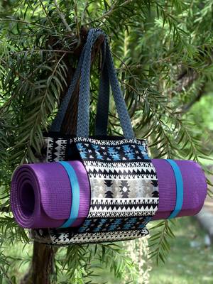 boho black & multi ethnic motifs jacquard cotton acrylic yoga tote bag 2