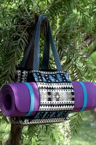 boho black & multi ethnic motifs jacquard cotton acrylic yoga tote bag