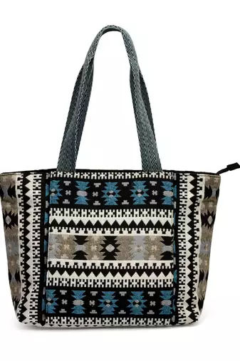 boho black & multi ethnic motifs jacquard cotton acrylic yoga tote bag