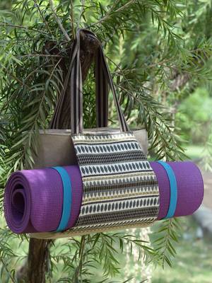 Anekaant boho beige & grey striped jacquard lurex cotton yoga tote bag 1
