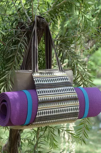 Anekaant boho beige & grey striped jacquard lurex cotton yoga tote bag