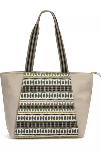 Anekaant boho beige & grey striped jacquard lurex cotton yoga tote bag