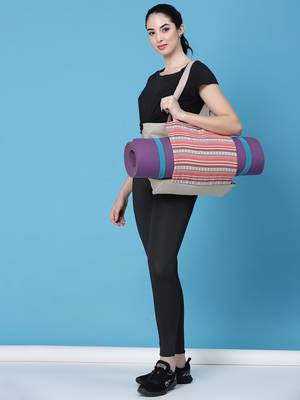 boho bubblegum pink & multi striped jacquard lurex cotton yoga tote bag 1