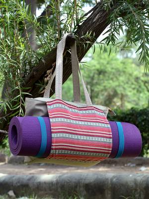 boho bubblegum pink & multi striped jacquard lurex cotton yoga tote bag 2