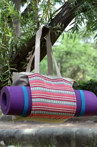 boho bubblegum pink & multi striped jacquard lurex cotton yoga tote bag