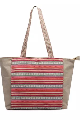 boho bubblegum pink & multi striped jacquard lurex cotton yoga tote bag