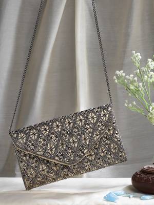 ghoomar champagne & silver diamond bead work satin sling bag 2