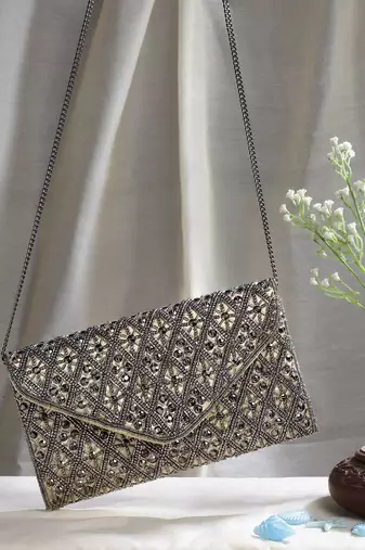 ghoomar champagne & silver diamond bead work satin sling bag