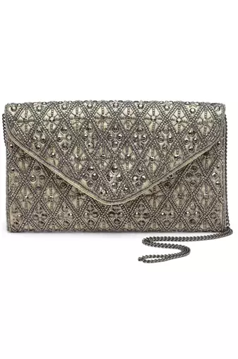 ghoomar champagne & silver diamond bead work satin sling bag