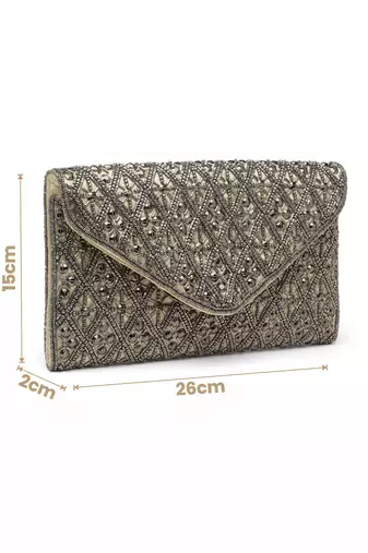 ghoomar champagne & silver diamond bead work satin sling bag