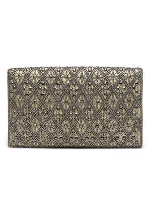 ghoomar champagne & silver diamond bead work satin sling bag 5