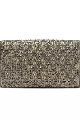 ghoomar champagne & silver diamond bead work satin sling bag