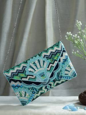 Anekaant tribal blue & multi ethnic motifs embellished canvas sling bag 2